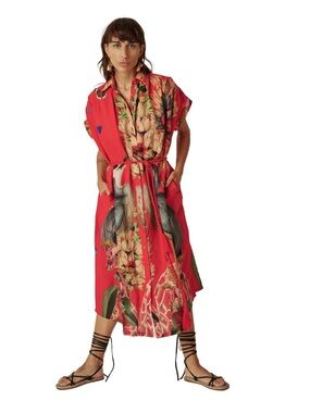 NWT Carolina K Valerie Kaftan Midi Dress Exotic Bird Red Small